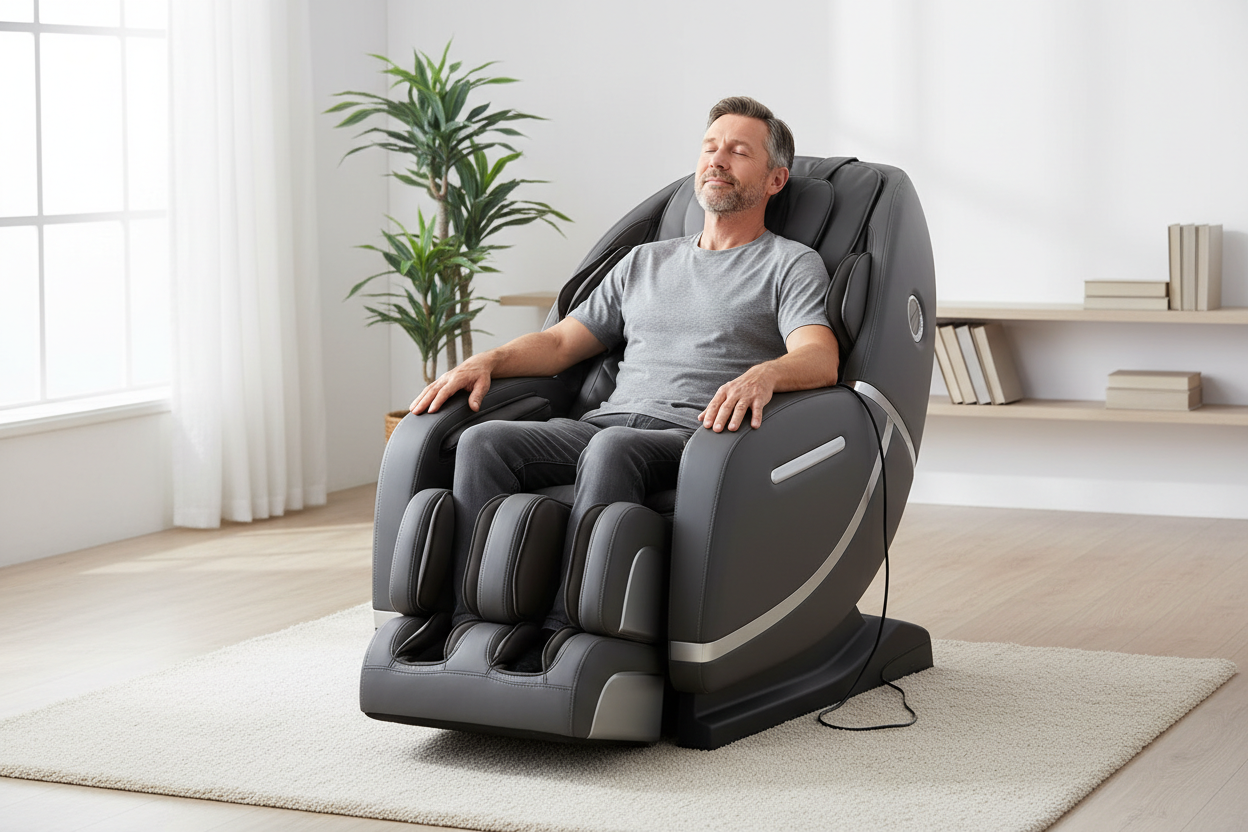 mid age man relaxing on a helios massage chair/8000